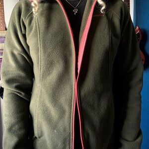 Columbia Olive Fleece Jacket with Coral Trim